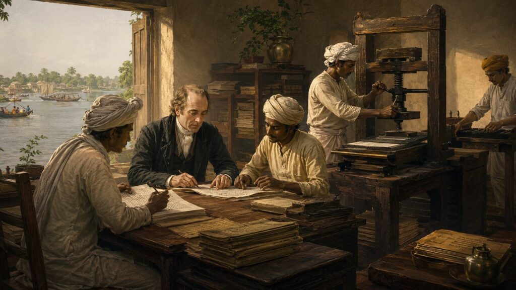Historical illustration of William Carey collaborating with Indian translators and printers at Serampore