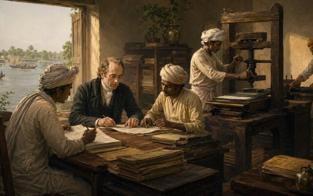 Historical illustration of William Carey collaborating with Indian translators and printers at Serampore