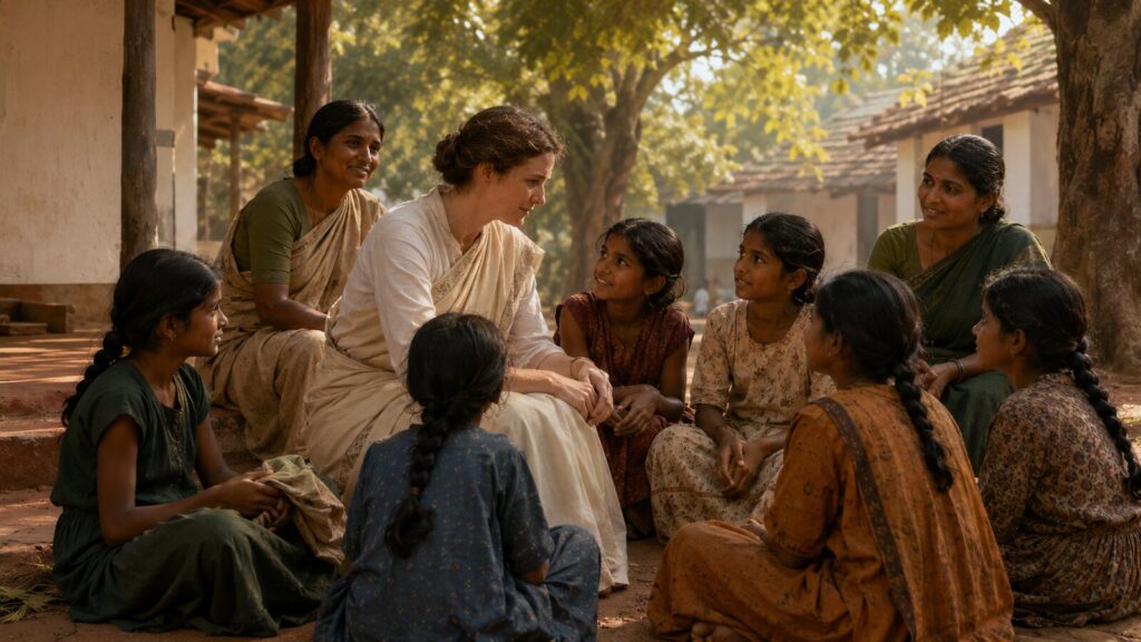 Historical illustration of Amy Carmichael and Indian coworkers caring for girls at Dohnavur