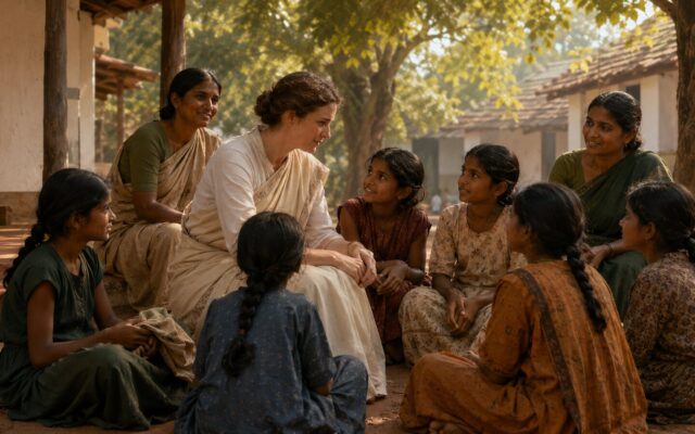 Historical illustration of Amy Carmichael and Indian coworkers caring for girls at Dohnavur