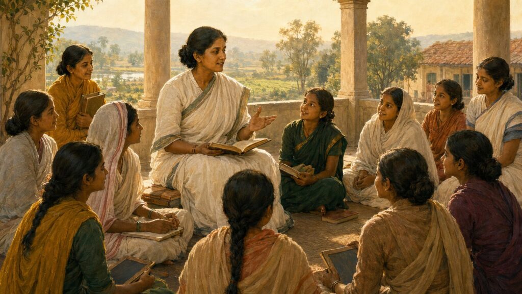 Historical illustration of Pandita Ramabai teaching women and girls at Mukti Mission