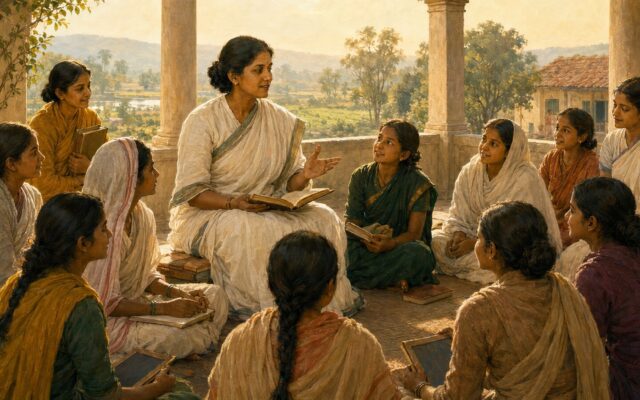 Historical illustration of Pandita Ramabai teaching women and girls at Mukti Mission