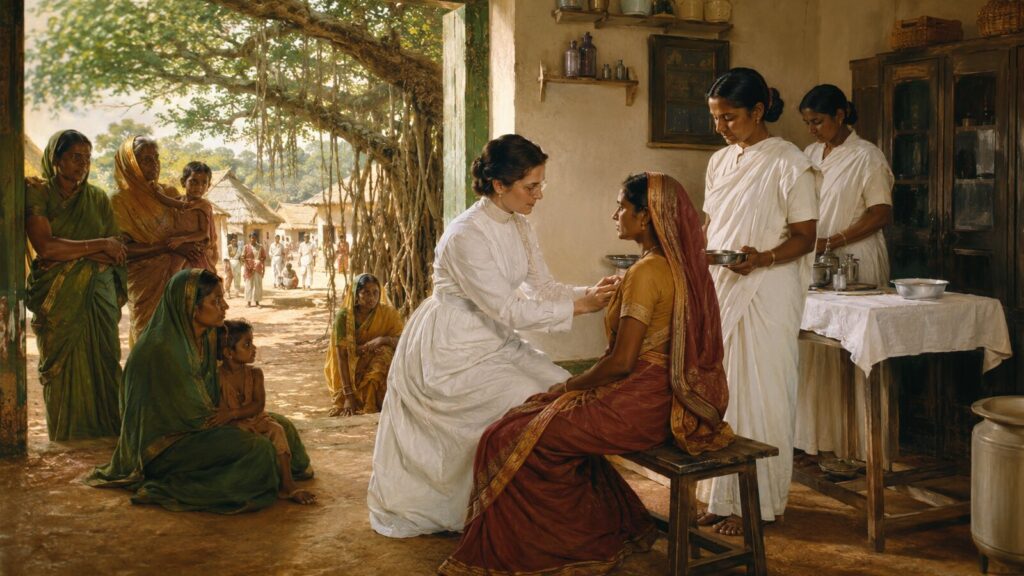 Historical illustration of Ida Scudder and Indian nurses caring for women at an early Vellore clinic