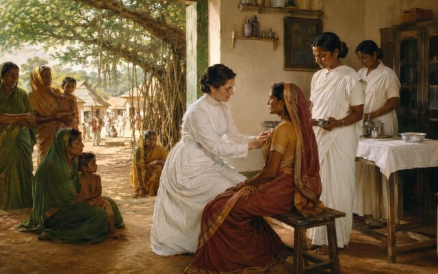 Historical illustration of Ida Scudder and Indian nurses caring for women at an early Vellore clinic