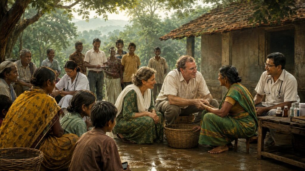 Historical illustration representing Graham and Gladys Staines serving with Indian medical coworkers in Odisha