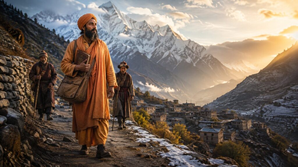 Historical illustration of Sadhu Sundar Singh traveling through the Himalayan foothills