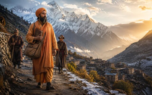 Historical illustration of Sadhu Sundar Singh traveling through the Himalayan foothills