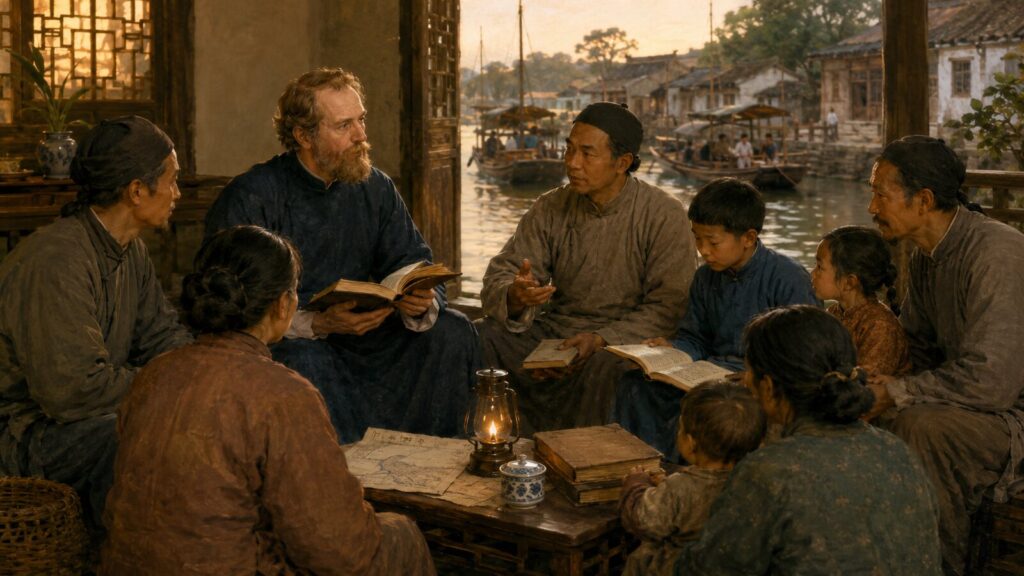 Historical illustration of Hudson Taylor learning with Chinese Christian coworkers in inland China