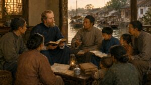 Historical illustration of Hudson Taylor learning with Chinese Christian coworkers in inland China