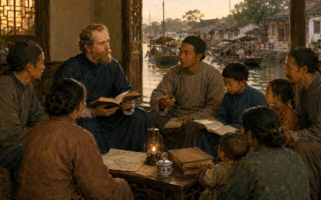 Historical illustration of Hudson Taylor learning with Chinese Christian coworkers in inland China
