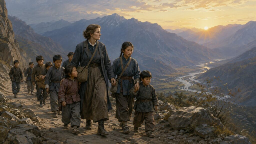 Historical illustration of Gladys Aylward guiding Chinese children through a mountain pass