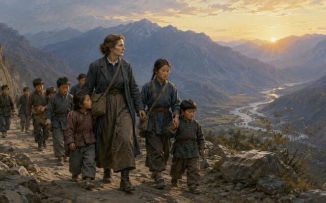 Historical illustration of Gladys Aylward guiding Chinese children through a mountain pass