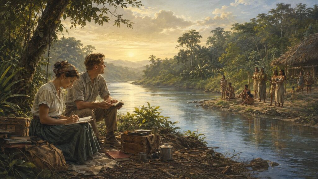 Symbolic historical illustration of missionaries preparing near an Ecuadorian river with Waorani neighbors across the water