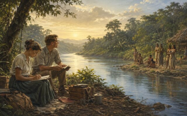 Symbolic historical illustration of missionaries preparing near an Ecuadorian river with Waorani neighbors across the water