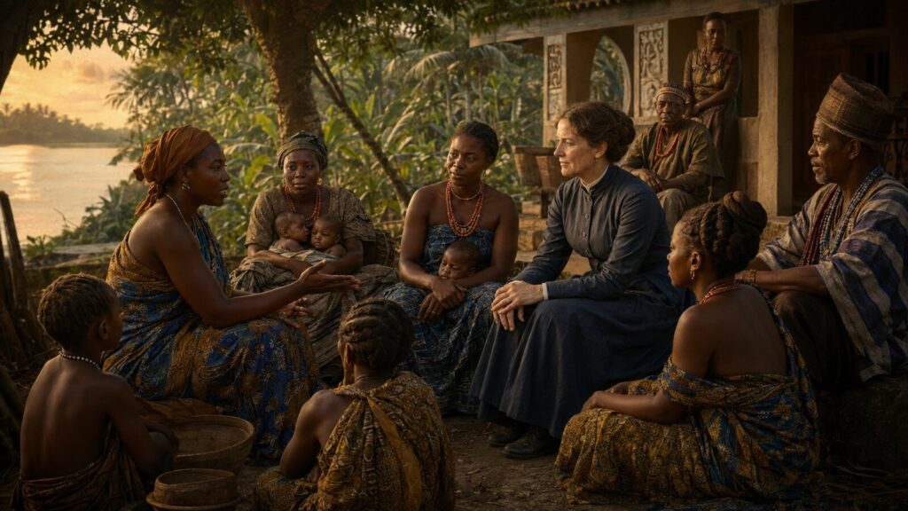 Historical illustration of Mary Slessor listening to Efik women and elders with mothers and twins in Calabar