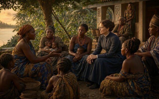 Historical illustration of Mary Slessor listening to Efik women and elders with mothers and twins in Calabar