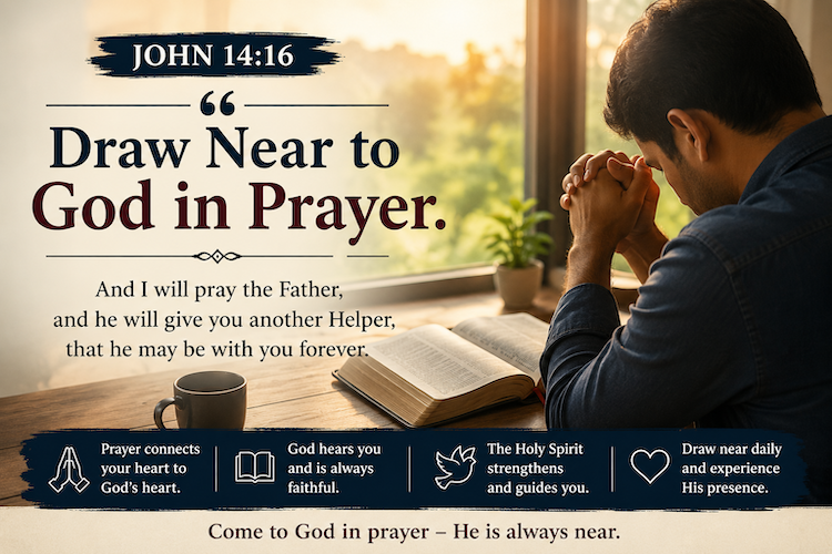 A Scripture-centered devotion on John 14:16: Draw Near to God in Prayer.